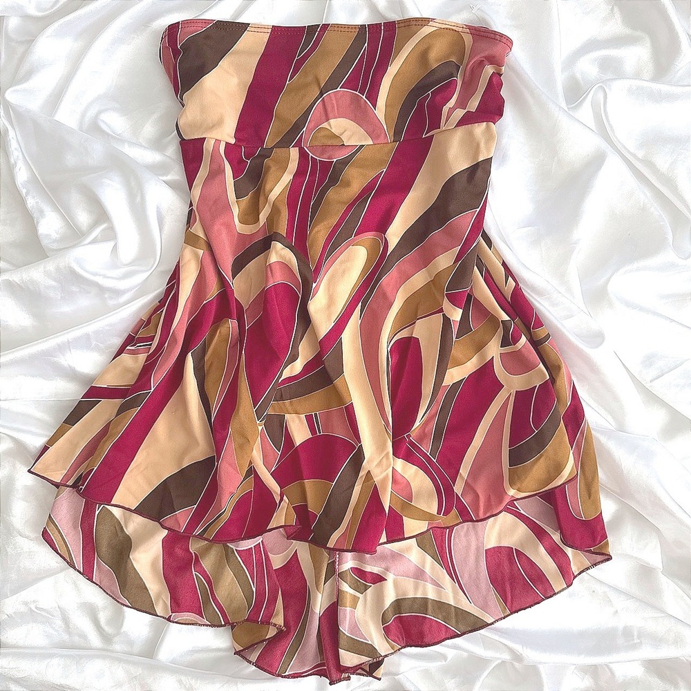 Espresso Women Medium Abstract Swirl Strapless Babydoll Tube Top High Low Ruffle